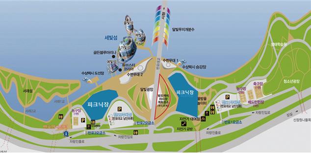 반포한강공원 통제구역 현황. 파란색 부분이 통제구역.