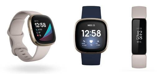 왼쪽부터 핏빗 센스 (Fitbit Sense), 핏빗 버사3 (Fitbit Versa3), 핏빗 인스파이어2 (Fitbit Inspire2)