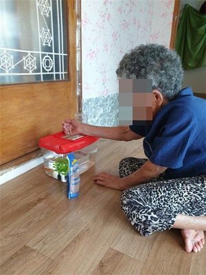 완도군이 몸과 마음 건강을 위해 독거노인 1600세대를 방문해 집에서 기를 수 있는 금붕어를 전달했다. (사진=완도군 제공)