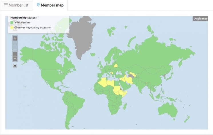 초록색이 세계무역기구(WTO) 가입국이다.(사진=WTO 홈페이지 캡처)
