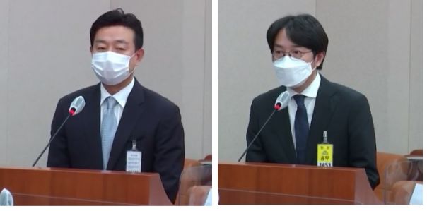 강신봉 딜리버리히어로코리아 대표(왼쪽)와 김범준 우아한형제들 대표가 8일 국회에서 열린 산업통상자원중소벤처기업위원회의 중기부 국정감사에 증인으로 참석해 환경 보호와 상생 등에 대해 이야기하고 있다.