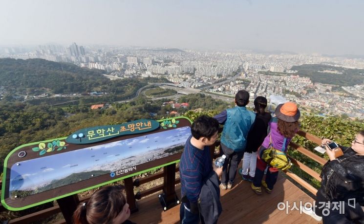 문학산 정상부에서 시민들이 인천 시가지를 바라보고 있다.
[사진제공=인천시]