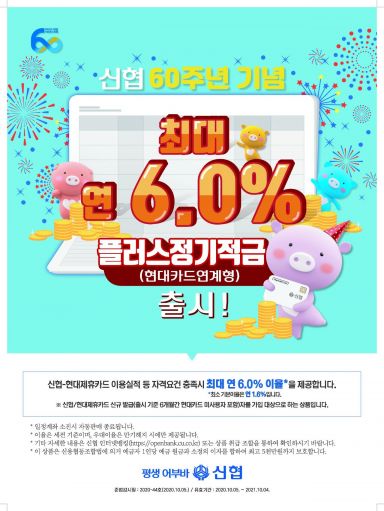 '연 이율 최고 6%' 신협, 창립 60주년 기념 '플러스정기적금' 출시