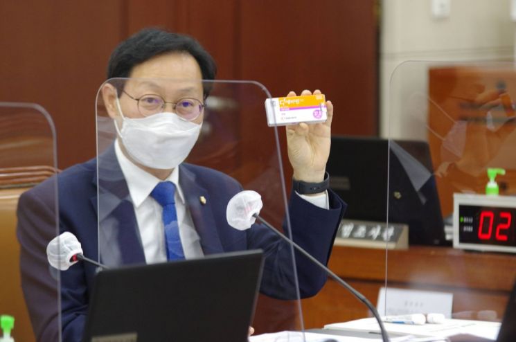 국회 보건복지위원회 김성주 더불어민주당 의원이 13일 식약처 국정감사에서 '디에타민'을 직접 구입했다며 들어보이고 있다.<김성주 의원실 제공>
