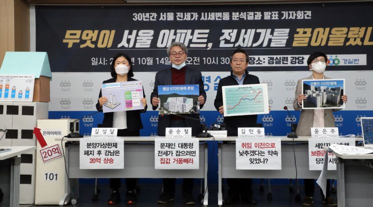 14일 서울 종로구 경제정의실천시민연합 강당에서 경실련 윤은주 부동산건설개혁본부 간사 등이 '지난 30년 서울 아파트, 전세가 변동 분석'을 발표하고 있다. [이미지출처=연합뉴스]