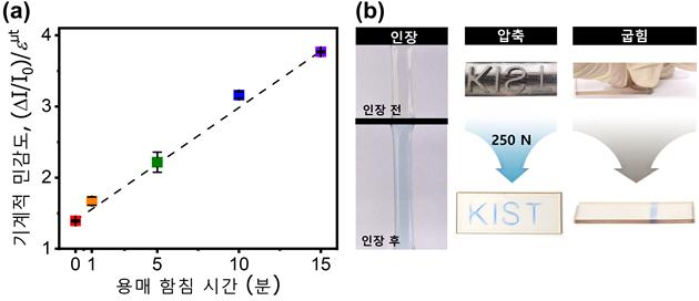 (a) 용매 함침 시간에 따른 기계적 민감도 (b) 인장, 압축, 및 굽힘 변형 모드에서의 색 발현 향상