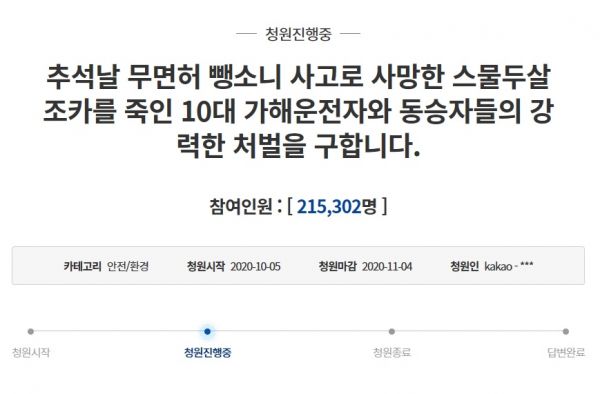 지난 5일 청와대 국민청원 게시판에는 '추석날 무면허 뺑소니 사고로 사망한 스물두 살 조카를 죽인 10대 가해 운전자와 동승자들의 강력한 처벌을 구합니다'라는 제목의 글이 게시됐다. 사진=청와대 홈페이지 화면 캡처