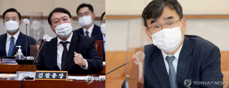 윤석열 검찰총장(왼쪽)과 22일 사의를 표명한 박순철 서울남부지검장.