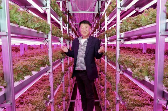 최재빈 넥스트온 대표가 충북 옥천터널 내부를 활용해 만든 식물공장에서 활짝 웃고 있다.