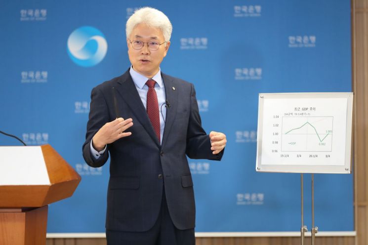 박양수 한국은행 경제통계국장이 27일 오전 서울 중구 한은에서 열린 2020년 3/4분기 실질 국내총생산(속보) 설명회에서 그래프를 이용해 기자들의 질문에 답변하고 있다.