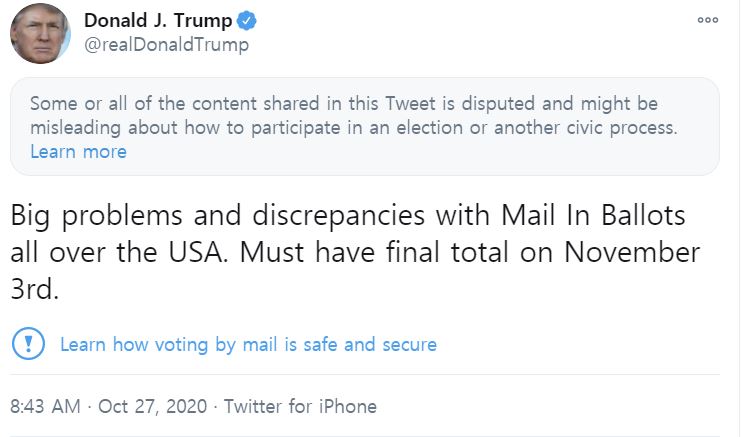 "우편 투표 큰 문제" 주장한 트럼프 트윗에 '경고' 표시