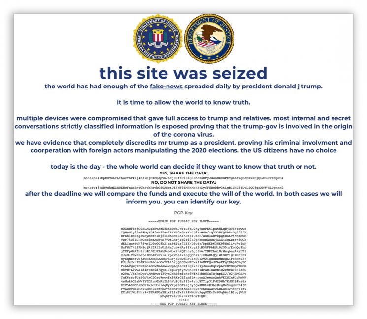 해커가 트럼프 대통령 재선 캠프 홈페이지에 올린 경고문
