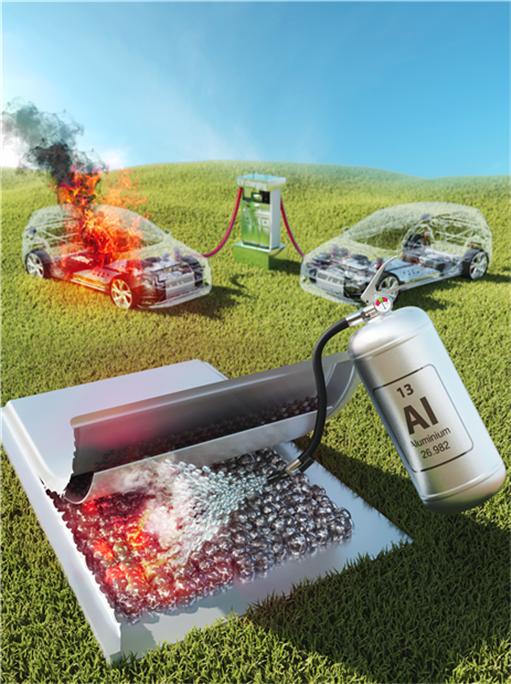 전기차용 양극소재로 널리 쓰이는 NCA (니켈, 코발트, 알루미늄)에서의 배터리 화재의 위험성을 줄여줄 수 있는 알루미늄 원소의 역할을 그린 예상도.