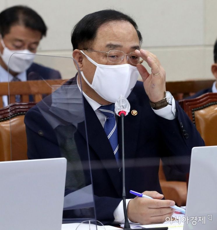 홍남기 경제부총리가 3일 국회에서 열린 기획재정위원회 전체회의에 출석,  사표관련 질문을 받고 안경을 고쳐쓰고있다./윤동주 기자 doso7@