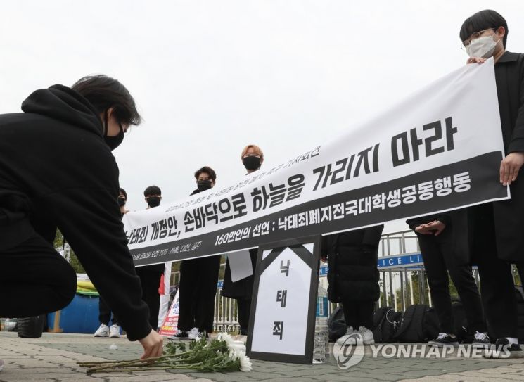 Performance Demanding the Abolition of the Abortion Crime. On the morning of the 16th of last month, students from the National University Student Joint Action for the Abolition of the Abortion Crime performed a demonstration demanding the complete abolition of the abortion crime in front of the National Assembly in Yeouido, Seoul. [Image source=Yonhap News]