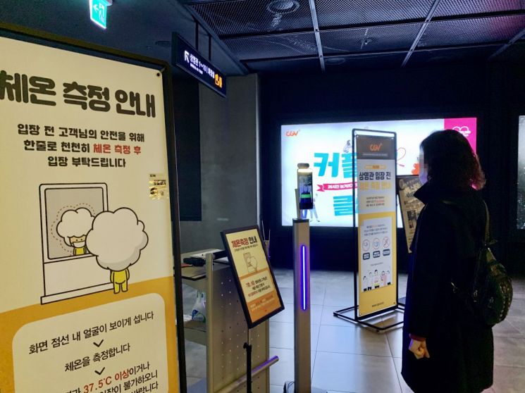 코로나19 방역 대응을 위한 새로운 '사회적 거리두기' 시행 첫날인 7일 광주 서구 치평동 한 영화관에서 입장객들이 마스크를 쓴 채 체온을 측정하고 있다. [이미지출처=연합뉴스]