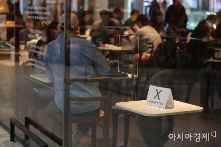 서울 시내 한 쇼핑몰 내 카페에 거리두기 관련 안내문이 붙어 있다. /문호남 기자 munonam@