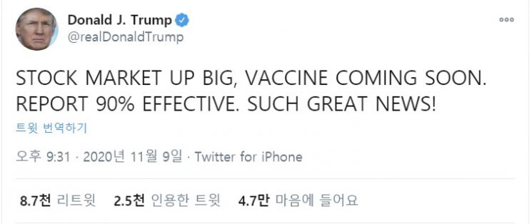트럼프 트윗 "코로나 백신 커밍순…주식시장 큰 폭 상승"