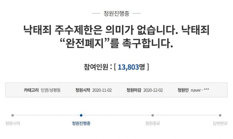 지난 2일 청와대 국민청원 게시판에 올라온 '낙태죄 주수제한은 의미가 없습니다. 낙태죄 '완전폐지'를 촉구합니다'라는 제목의 청원 글. /사진=청와대 국민청원 홈페이지 캡처