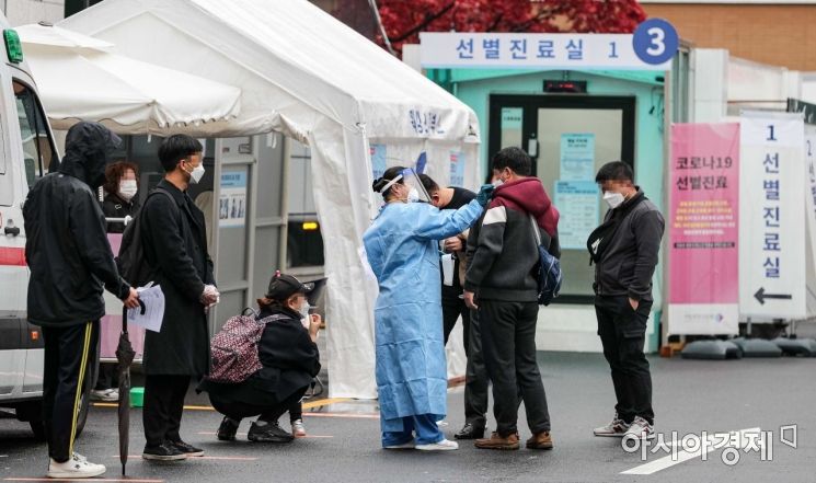 신종 코로나바이러스 감염증 확진자가 313명 발생하며 지난 8월 말 이후 첫 300명대로 진입한 18일 서울 중구 국립중앙의료원을 찾은 시민들이 검사를 받기 위해 대기하고 있다./강진형 기자aymsdream@