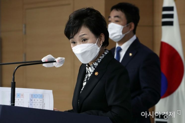 김현미 국토교통부 장관이 19일 종로구 정부서울청사에서 서민·중산층 주거안정 지원방안을 발표하고 있다./강진형 기자aymsdream@