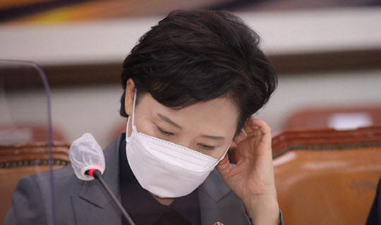 김현미 국토부 장관이 30일 열린 국토교통위원회 전체회의에서 생각에 잠겨 있다. [이미지출처=연합뉴스]
