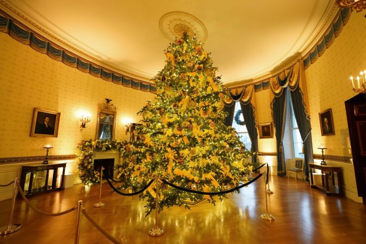 백악관 블루룸에 설치된 올해 성탄절 트리 [이미지출처=AP연합뉴스]