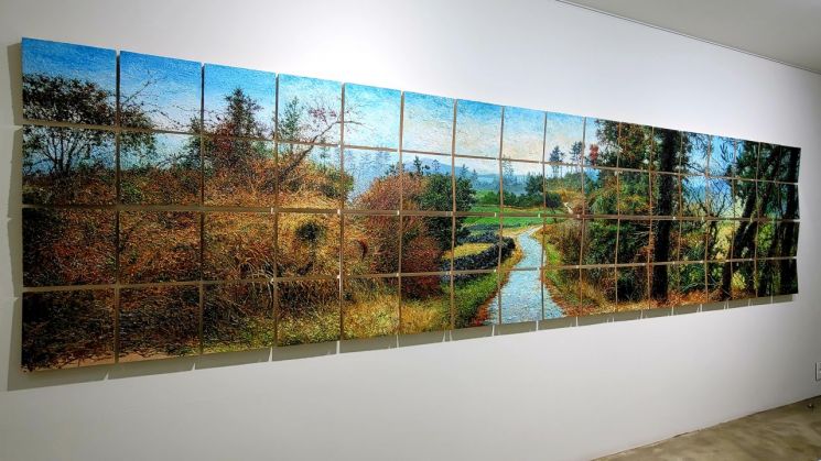 김남표 'Instant Landscape-Gumgil', 106x445㎝(25x25㎝ 68점), 합판에 유채, 2020   [사진= 아이프 제공]