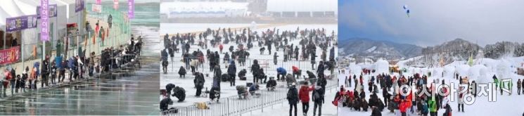 강원도 겨울축제 (사진 좌측부터) 화천산천어축제, 인제빙어축제, 대관령 눈꽃축제 [시군, 연합뉴스]