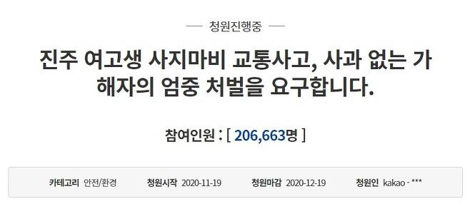 칼치기로 인해 사지마비를 당한 고 3 여학생의 친언니가 청원을 올렸다. 현재 20만 명 이상의 동의를 얻었다. 사진출처 = 청와대 국민청원 게시판 캡처