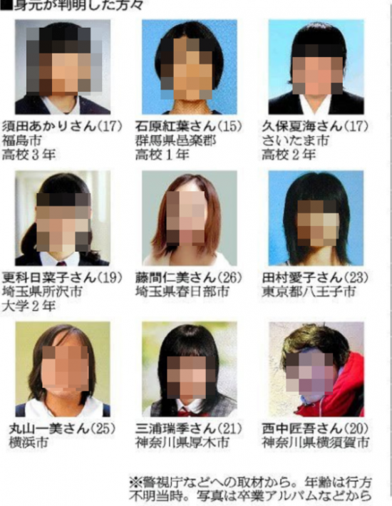 시라이시가 살해한 9명의 피해자. 8명은 젊은 여성, 1명은 남성이다. [이미지출처 = 트위터 캡처]