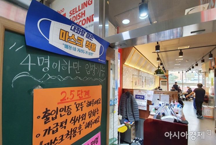수도권에서 5명 이상의 모든 사적 모임을 금지하는 특별방역 조치가 시행된 23일 서울 시내 한 음식점 입구에 '4명 이하만 입장 가능'이란 문구가 적혀 있다. 24일부터는 5인 이상 모임 금지 조치가 전국의 식당으로 확대되고, 사적 모임의 경우 취소나 자제가 강력히 권고된다./김현민 기자 kimhyun81@