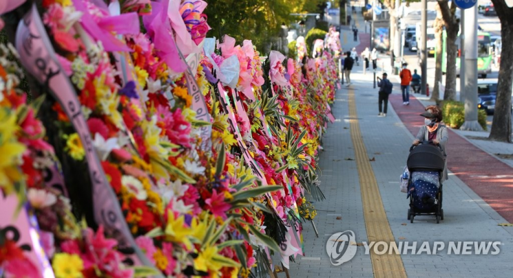 지난 10월23일 오후 서울 서초구 대검찰청 앞에 윤석열 검찰총장을 응원하는 화환들이 놓여 있다. [이미지출처=연합뉴스]