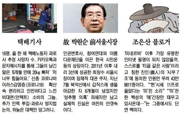 [아경 올해의 인물] 코로나 의료진·BTS·조은산·택배기사·동학개미… 