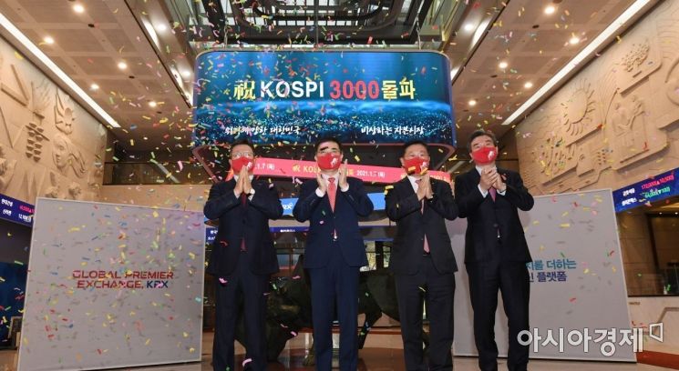 The KOSPI closed at 3,031.68, up 63.47 points (2.14%) from the previous day, marking the first time it has surpassed 3,000 based on the closing price. On the 7th, at the Korea Exchange in Yeouido, Seoul, after the market closed, Jeong Il-moon, CEO of Korea Investment & Securities, Son Byung-doo, Chairman of the Korea Exchange, Na Jae-cheol, Chairman of the Korea Financial Investment Association, and Park Hyun-chul, CEO of Bukook Securities (from left), held a celebration event commemorating the KOSPI breaking 3,000. <br/>Photo by Kim Hyun-min kimhyun81@