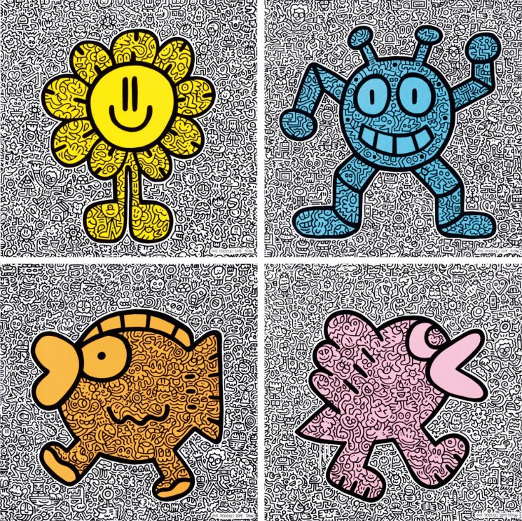 미스터 두들 'Yellow Flower, Blue Robot, Orange Fish, Pink Bird(Set of 4)', 2019, 스크린프린트, each 35×35㎝  [사진= 케이옥션 제공]