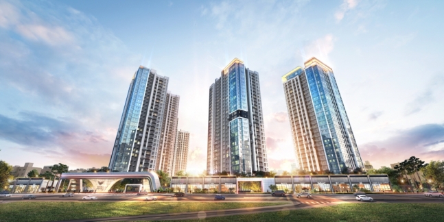 A bird's-eye view of 'Lotte Castle River Park Signature' being developed in the area of 236 Jayang-dong, Gwangjin-gu, Seoul. Lotte Construction applied an advanced home network system utilizing the Internet of Things (IoT) in this complex.