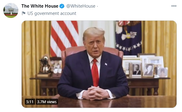 미국 백악관 트위터 계정에 올라온 도널드 트럼프 대통령 영상 캡쳐