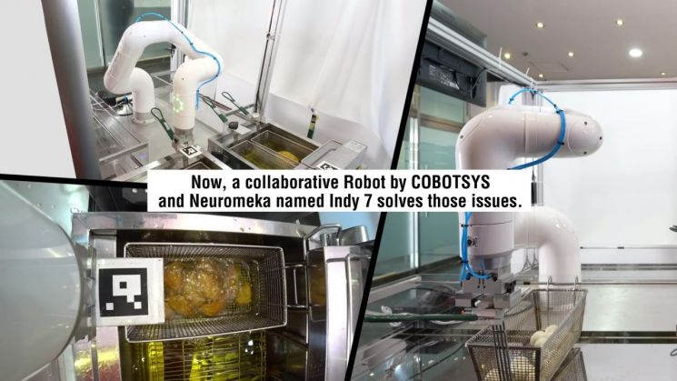 COBOTSYS가 개발한 로봇인 ‘치킨 봇(Chicken Bot)’은 치킨과 같은 튀김 음식을 비롯해 소비자의 목적에 따라 여러 레시피로 조리 할 수 있다. (출처=아주대학교)