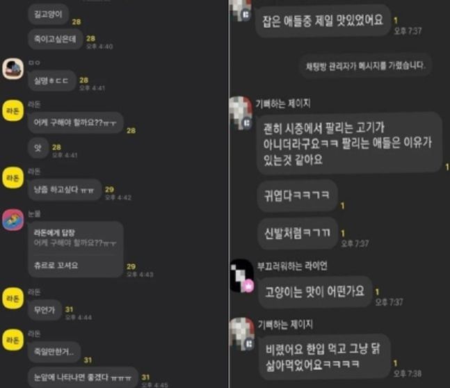 동물학대로 논란이 된 카카오톡 오픈채팅방 대화 내용. 사진=온라인 커뮤니티