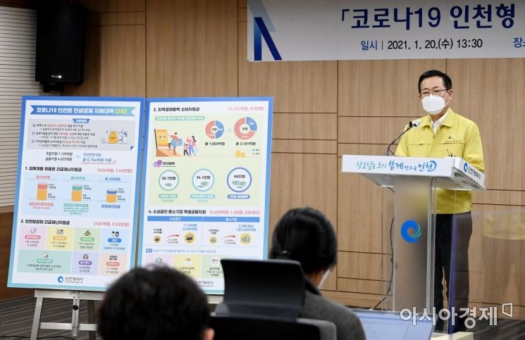 박남춘 인천시장이 20일 '코로나19, 인천형 민생경제 지원대책'을 발표하고 있다. 2021.1.20[사진 제공=인천시]