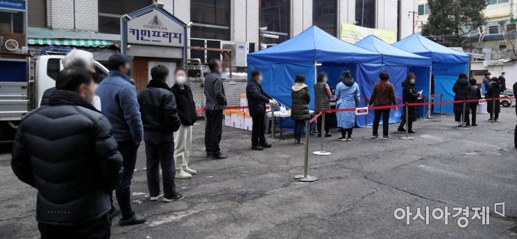 [포토] 코로나19 검사 위해 줄 선 남대문시장 상인들