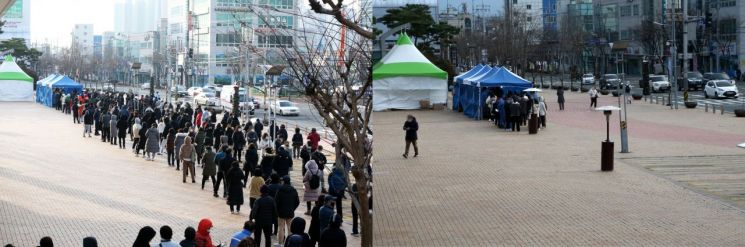 경북 포항시가 코로나19 진단검사 행정명령과 관련해 혼잡이 빚어지자 검사팀과 선별진료소를 확대하고 기간을 연장하면서 검사 상황이 안정을 찾아가고 있다. 왼쪽은 27일 포항시청 앞 선별검사소에는 수백명이 몰려 있을 때 모습이고, 오른쪽은 28일 같은 장소에 20여명만 대기 중인 모습이다. [이미지출처=연합뉴스]