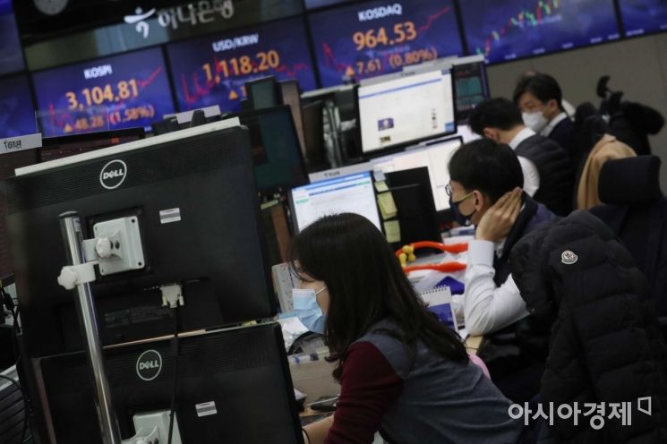 코스피 지수가 장중 3100선을 재돌파한 2일 서울 을지로 하나은행 딜링룸에서 딜러들이 업무를 보고 있다. /문호남 기자 munonam@