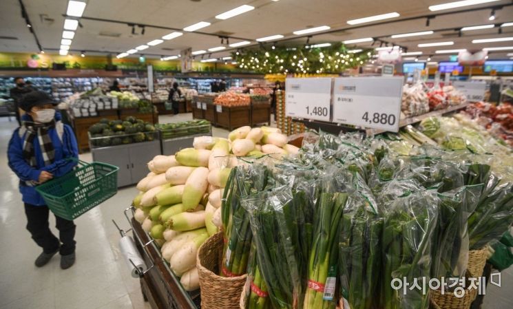 저물가 기조에도 불구하고 소비자 체감도가 큰 신선식품 물가가 지난달 9.2% 상승, 농축수산물 가격은 10%상승한 2일 서울 한 대형마트를 찾은 시민들이 장을 보고 있다./강진형 기자aymsdream@