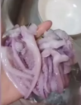 중국 시장에서 구매한 오징어를 뜨거운 물에 넣자 녹아버리는 영상이 공개되면서 충격을 주고 있다. 사진=중국 언론 '칸칸신원' 유튜브 캡처.