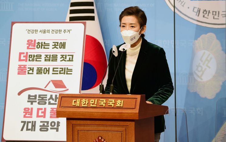 나경원 국민의힘 서울시장 예비후보가 지난 5일 국회 소통관에서 '부동산 원더풀 7대 공약'을 발표하고 있다. / 사진=연합뉴스