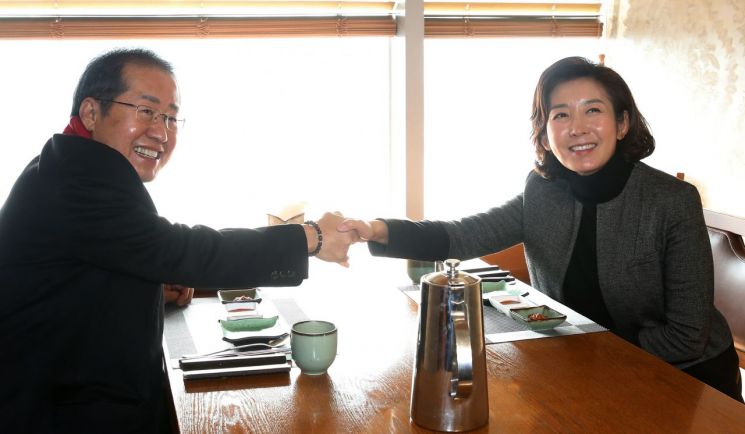 나경원 전 의원(오른쪽)과 무소속 홍준표 의원이 12일 서울 마포구 한 식당에서 만나 악수하고 있다. [이미지출처=연합뉴스]