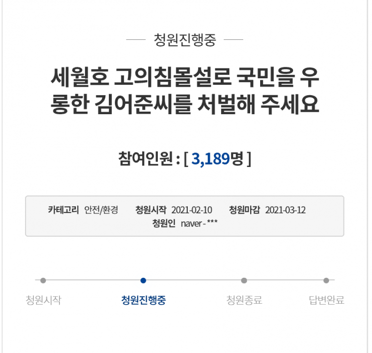 '세월호 고의침몰설로 국민을 우롱한 김어준 씨를 처벌해주세요'라는 제목의 청와대 국민청원 글. [이미지출처 = 청와대 국민청원 게시판 캡처]