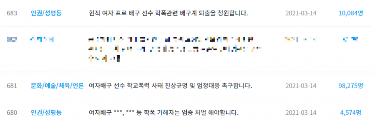 청와대 국민청원 게시판에 배구계 학폭 가해자로 지목된 선수들의 처벌을 촉구하는 청원 글이 게시돼 있다. 사진=청와대 국민청원 게시판 캡쳐